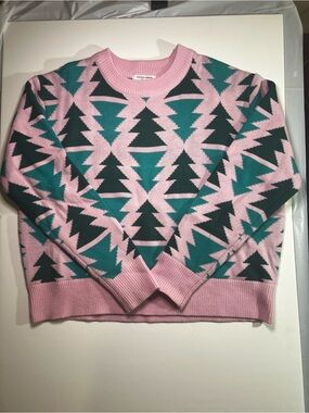 Grayson Threads Pink Crewneck Sweater with Green and Black Tree Motif